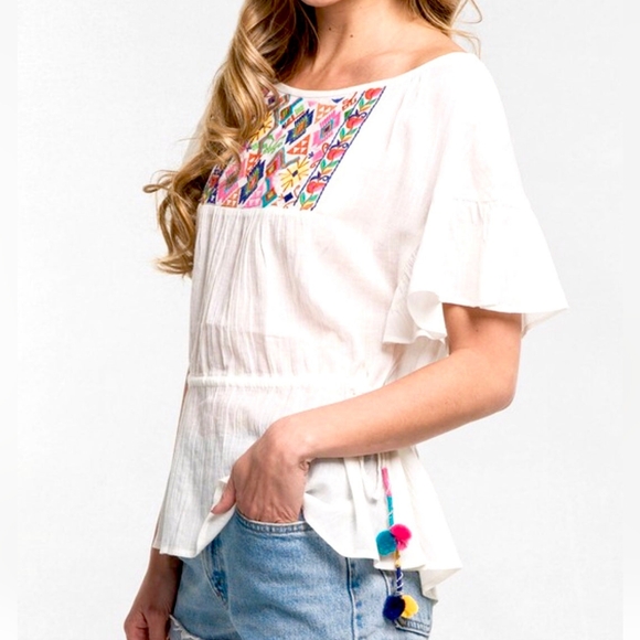 Impeccable Pig Embroidered Top with Pom Pom Side Waist Ties - Picture 3 of 14